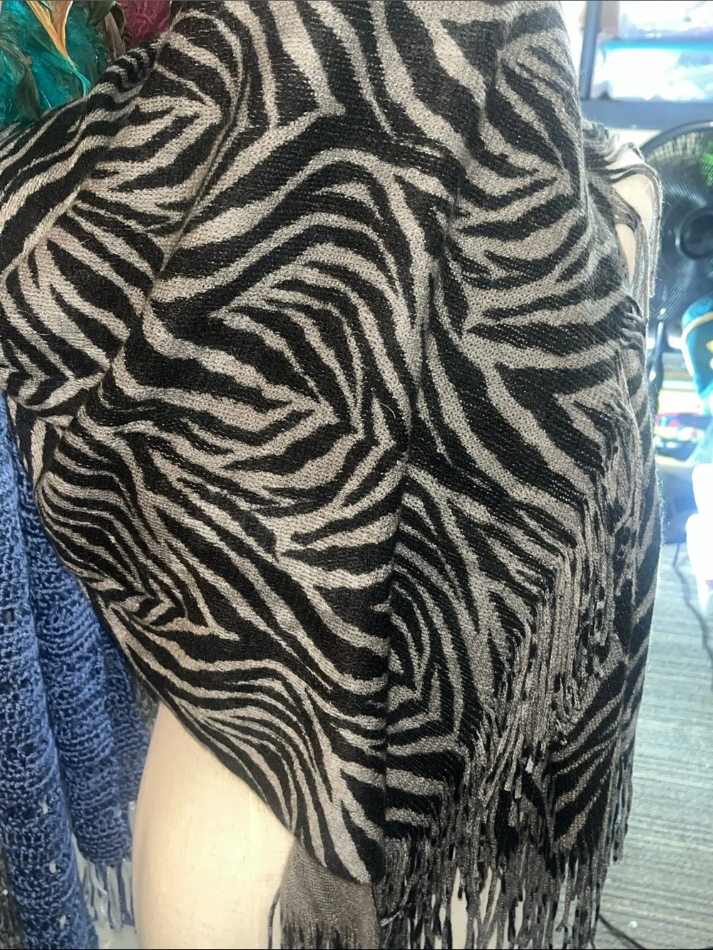 Rikka Zebra Print Fringe Scarf Wrap - Black and Grey Animal print S189